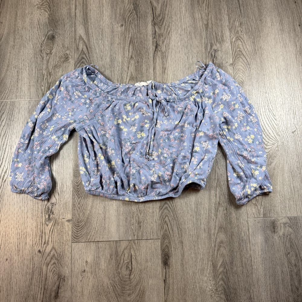 Hippie Rose Blouse Women's Small Blue Floral Off Shoulder Cropped Top Boho